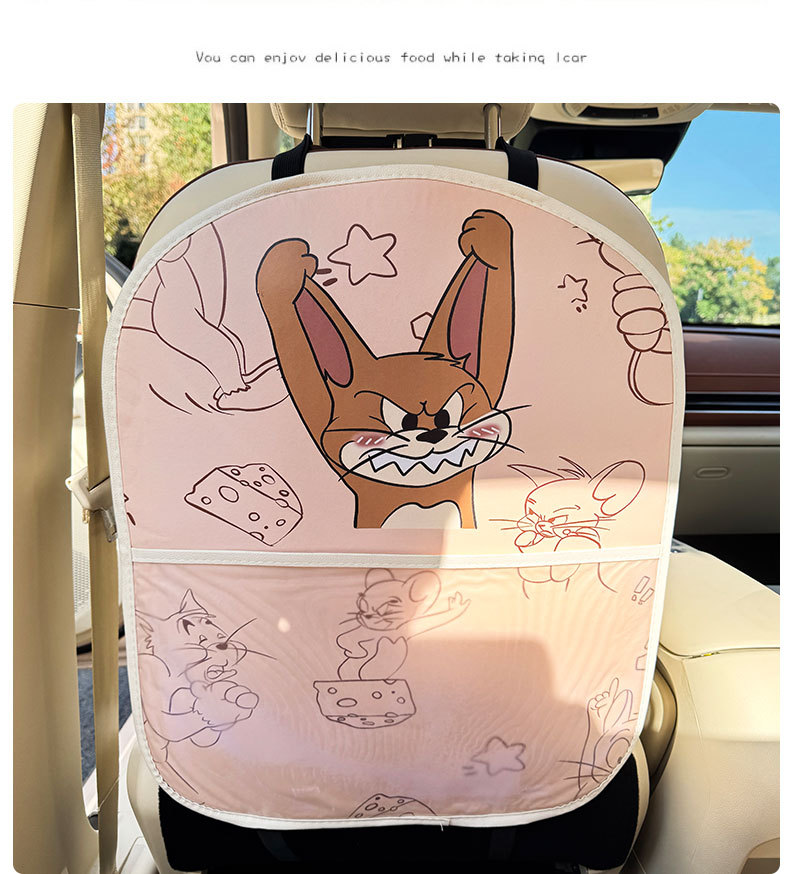 Cat and Mouse Cartoon Car Seat Back Anti-Kick Pad Car Seat Back Anti-Dirt Pad with Storage Bag