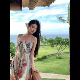 法式小众彩色碎花吊带连衣裙女性感纯欲绑带收腰度假风露背长裙子