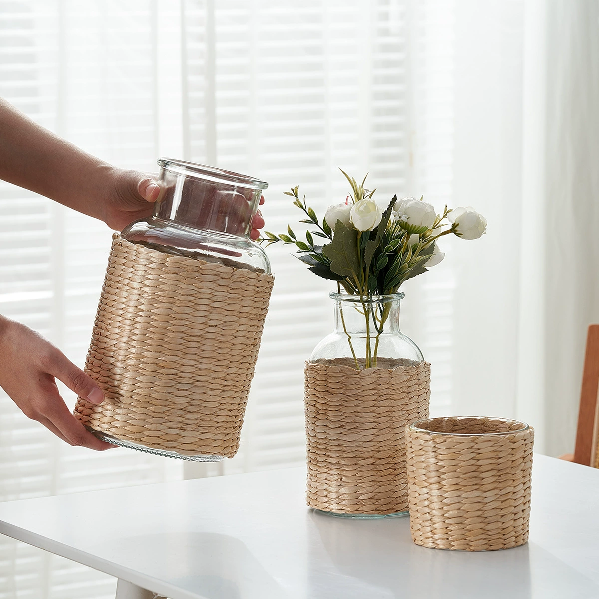 Защитный чехол для вазы из плетеного стекла ручной работы, винтажный декор для сада и дома, настольное украшение для цветочных композиций, защитный чехол для вазы с широким горлом