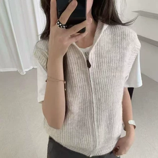洪合针织工厂韩系慵懒风针织马甲女 V 领单排扣粗针宽松毛衣背心