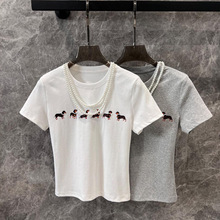 高品质 Jennie同款夏季新款珍珠腊肠狗印花短袖t恤女修身上衣现货