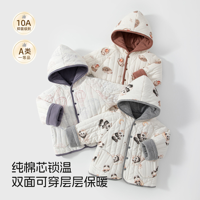 Pure cotton outerwear for infants and toddlers, thickened for warmth in autumn and winter, suitable for outdoor wear, reversible design, hooded, long-sleeved, for baby boys Pure cotton outerwear for infants and toddlers, thickened for warmth in autumn and winter, suitable for outdoor wear, reversible design, hooded, long-sleeved, for baby boys