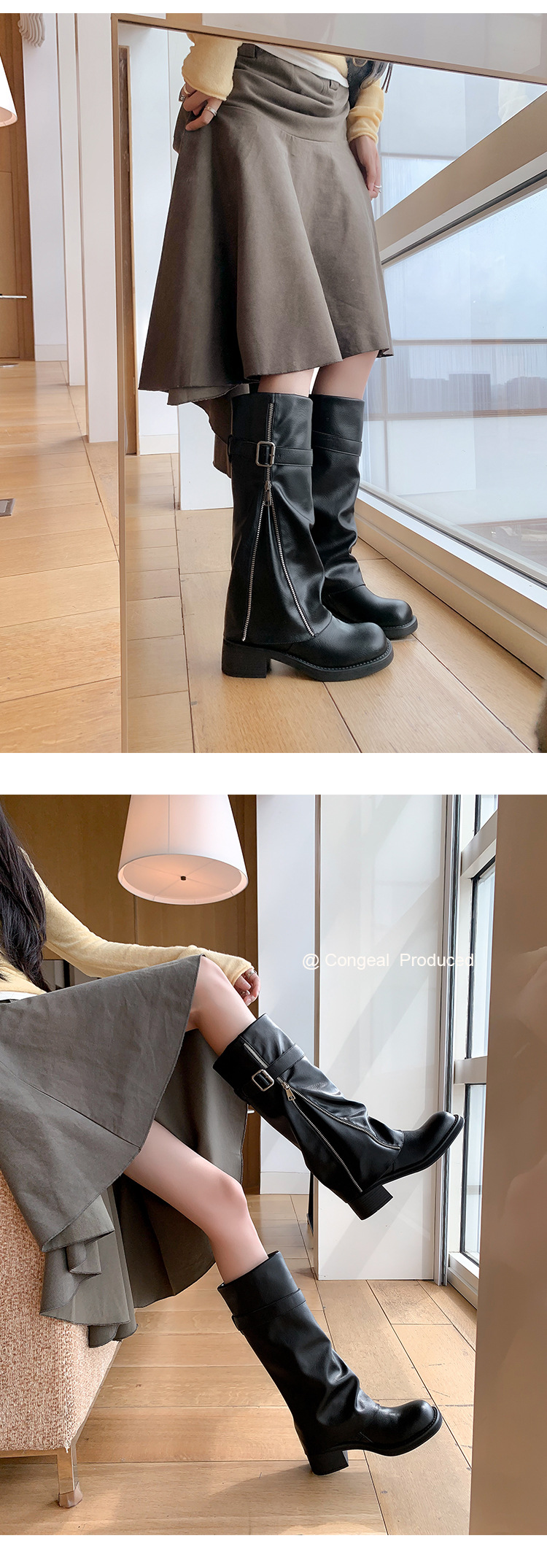 Boot nữ cổ cao ôm bắp chân da thật mũi tròn gót vuông Chunky khóa thắt lưng — màu đen, nâu đậm chi tiết 18