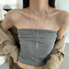 欧美复古ins风彩色锆石十字架吊坠项链女小众甜酷个性设计感配饰