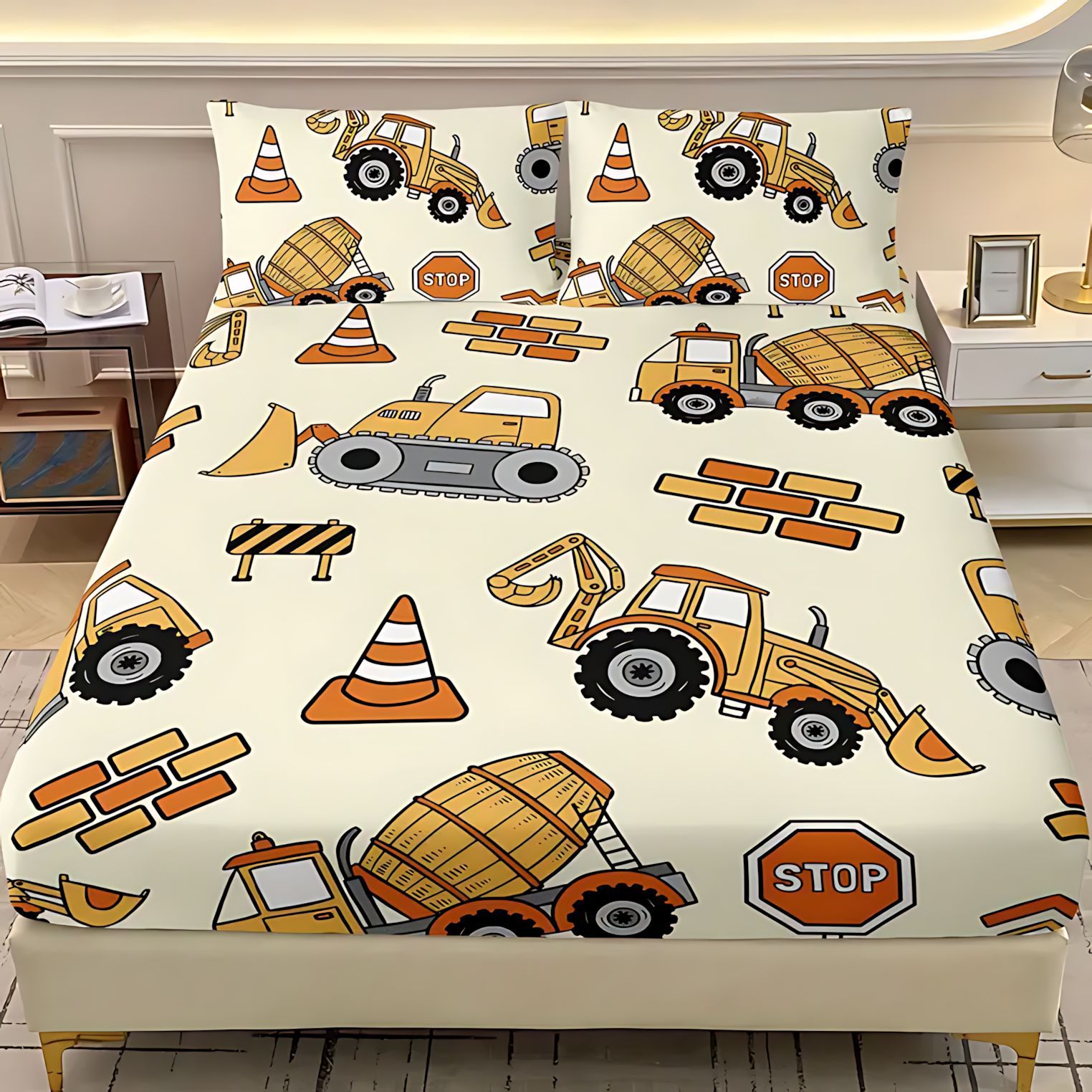 Temas de excavadora de dibujos animados TEMU / JIT impresión digital 3D cama gaza pillow cover set textiles domésticos transfronterizos