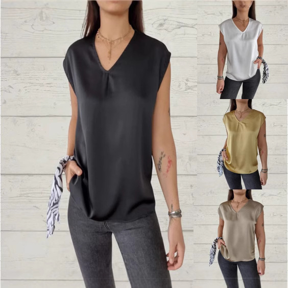 2025 cross-border Europe and the United States summer new women's fashion solid color_V collar sleeveless loose back a row of buttons shirt