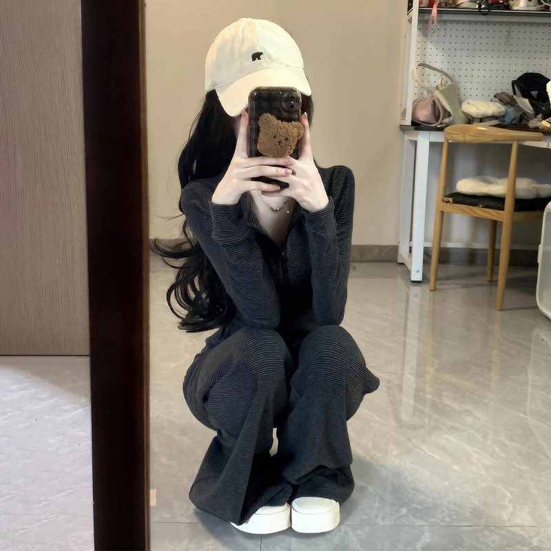 慵懒休闲动套装女早秋季新韩系条纹立领卫衣休闲裤两件套运动套装|undefined