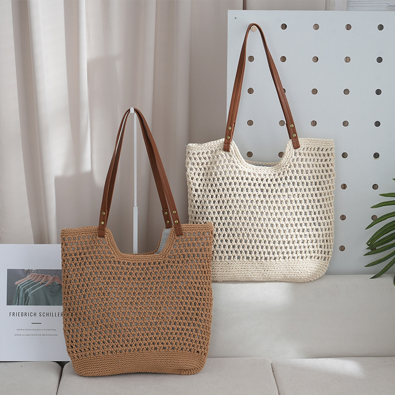 2024新款大容量单肩棉绳编织包镂空网纹托特包海边度假沙滩包批发