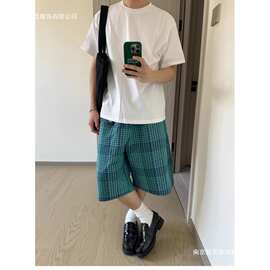 日系潮流复古蓝格子五分短裤男女宽松直筒夏季居家休闲百搭直筒裤