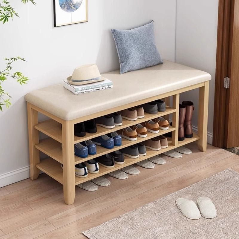 Taburete de cambio de zapatos de madera sólida en la puerta se puede sentar en el gabinete de zapatos de entrada en el hogar se puede sentar en el estante de zapatos multicapa para usar taburetes de zapatos sin instalación.
