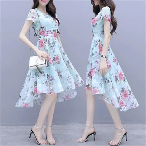 Mother's dress for summer, women's short-sleeved, waist-cinching, age-defying, printed, long-length, large skirt