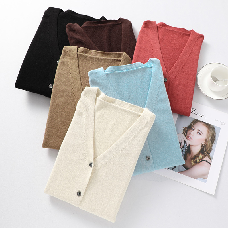 Autumn Women's Pure Cotton Long-sleeved Knitted Cardigan V-neck Jacket Solid Color Simple Outer Cotton Cardigan