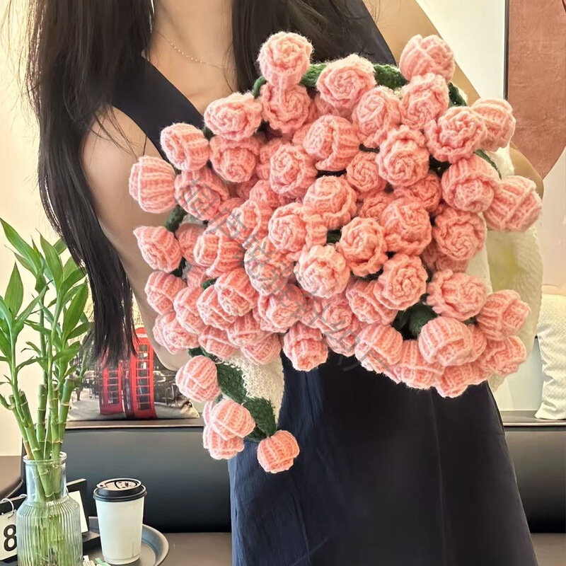 送女友玫瑰花束毯子成品办公室午睡毯手工编织花朵毛毯玫瑰花毯子|undefined