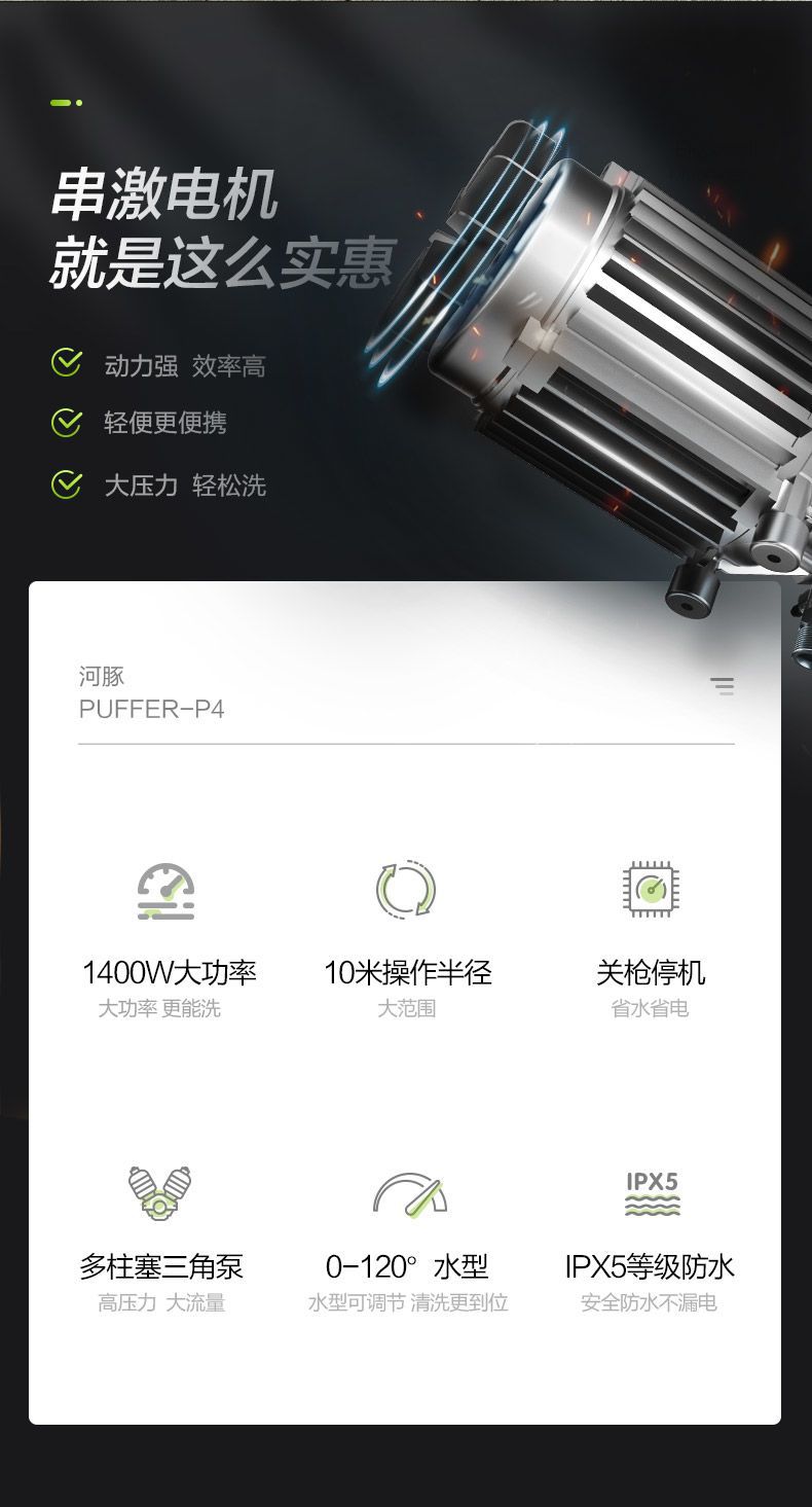 Greenfield Pufferfish 1400W High-Pressure Car Washing Machine Household 220V Fully Automatic Cleaning Machine High-Power Car Washing Magic Pump