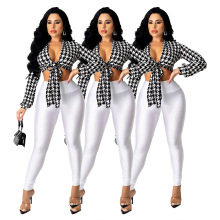 A5267 跨境独立站欧美女装 时尚千鸟格印花绑带衬衫上衣