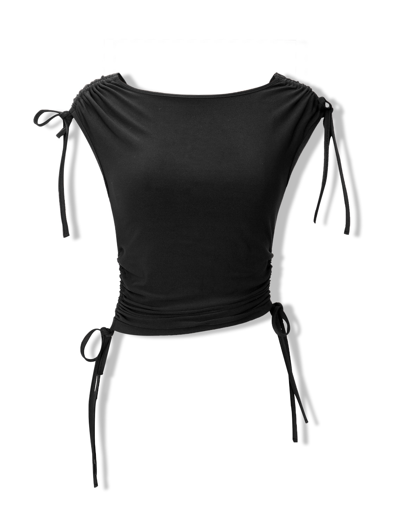 Women Clothing Spring Summer Irregular Asymmetric with Personality Shoulder Strap Drawstring Lace Pleated Cropped Top Women