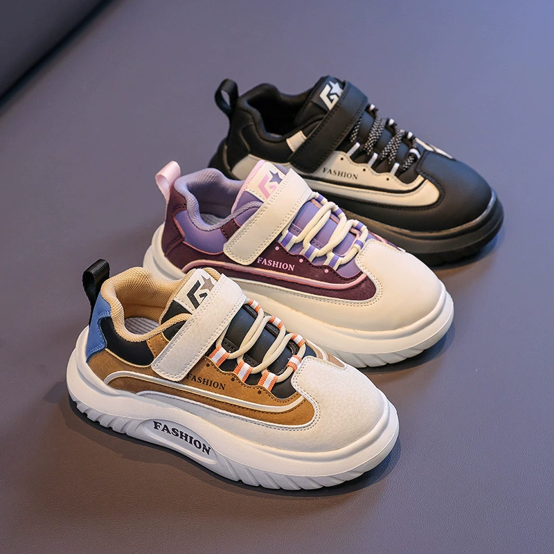Детская спортивная обувь на толстой подошве, весна-лето 2025: кроссовки для мальчиков с цветными блоками, кожаные кроссовки для девочек, модная детская обувь.