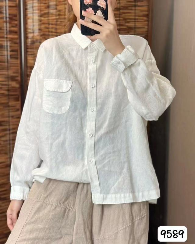 2025早秋新款亚麻衬衫女韩版气质休闲百搭减龄长袖小开衫翻领上衣|undefined