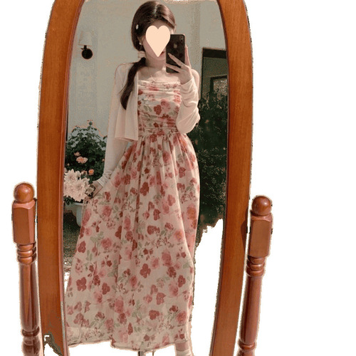 Floral Strappy Dress for Women - 2025 Spring New Arrival French Style Versatile Open Cardigan Waist Cinching Long Strappy Dress Two-Piece Set