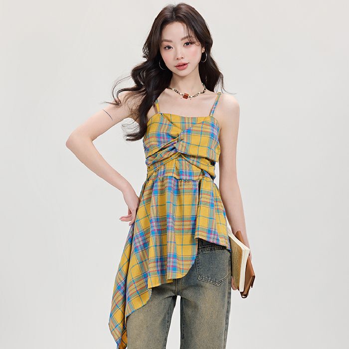 American Style Retro Irregular Yellow Plaid Camisole Vest Women's Summer Seaside Spice Girl's Split Waist Outer Wear Top