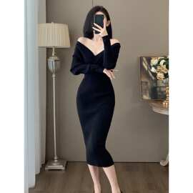 韩国V领一字领露肩针织毛衣连衣裙春气质心机夜店OL内搭打底长裙