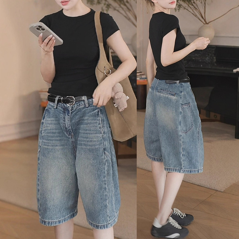 2026 New Summer Thin High-Waisted Straight Denim Shorts for Women, Plus-Size Floral Workwear Five-Point Pants, Loose Wide-Leg Pants 2026 New Summer Thin High-Waisted Straight Denim Shorts for Women, Plus-Size Floral Workwear Five-Point Pants, Loose Wide-Leg Pants