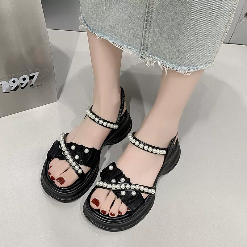 Sandals, summer fashionable footwear platform from pearl, internet celebrity, 2024 years, soft sole