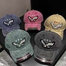 男士棒球帽复古水洗软顶立体刺绣弯檐鸭舌帽贴布老鹰帽子接头百搭