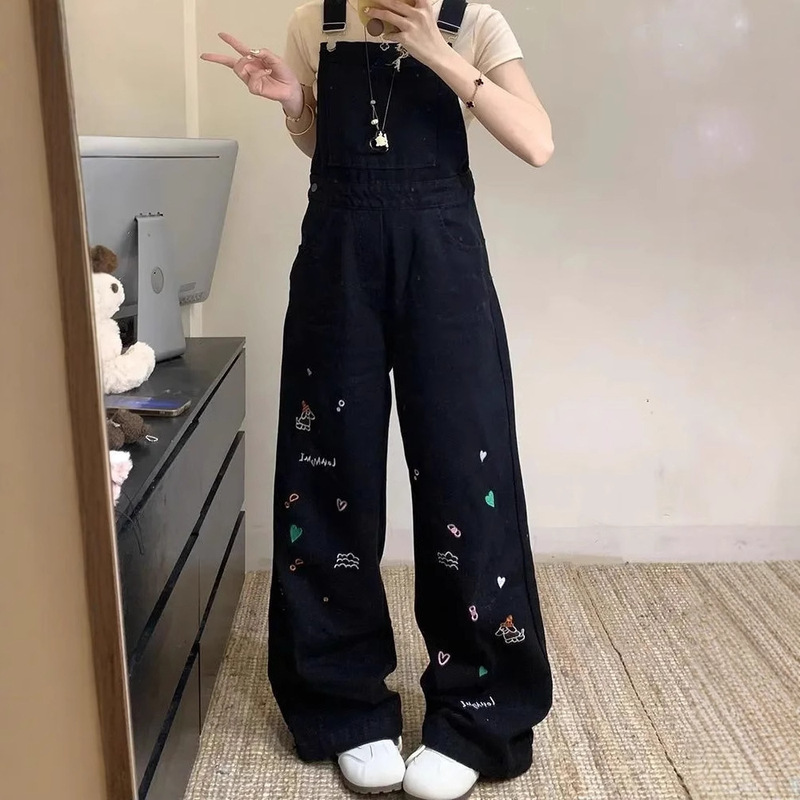 【韩牛】黑色重工刺绣2025秋季新款背带裤女美式复古设计感直筒裤|undefined