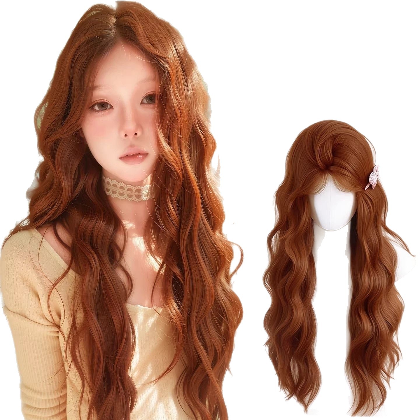 Connie helhuvud peruk för kvinnor - naturlig fluffig karamell Orange Brun Water Wave Curl sömlös daglig peruk