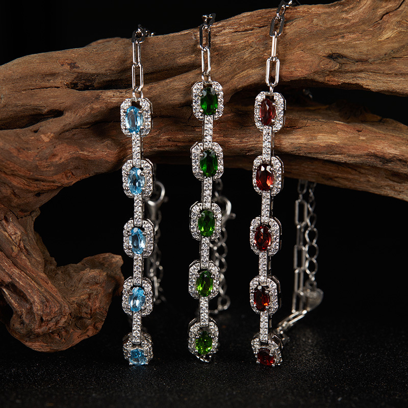 S925纯银天然石榴石托帕石透辉石彩宝手链女潮流满钻欧爆款批发