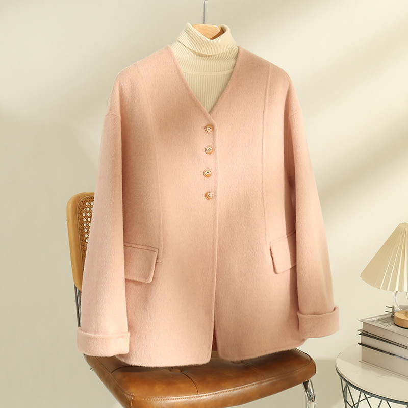 25粉色羊毛大衣25秋冬新款毛呢外套中长款v领一手长双面羊绒大衣