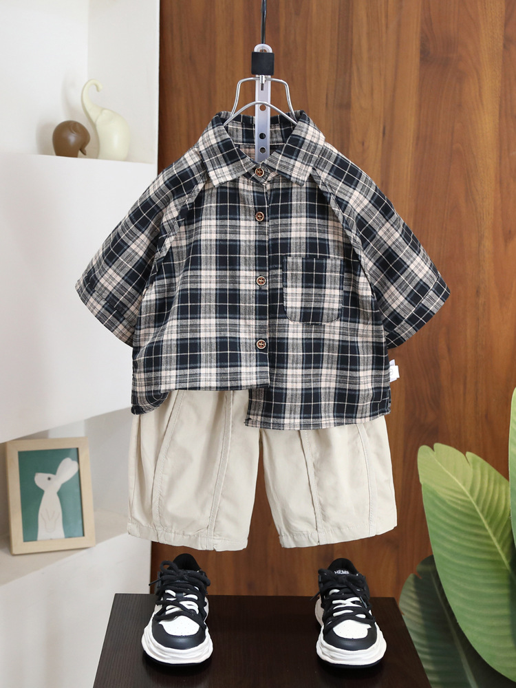 Camisa a cuadros de manga corta para niños 7240, ropa infantil, pantalones cortos holgados, pantalones cortos de verano 2026, nuevo estilo, pantalones cortos elegantes para bebé