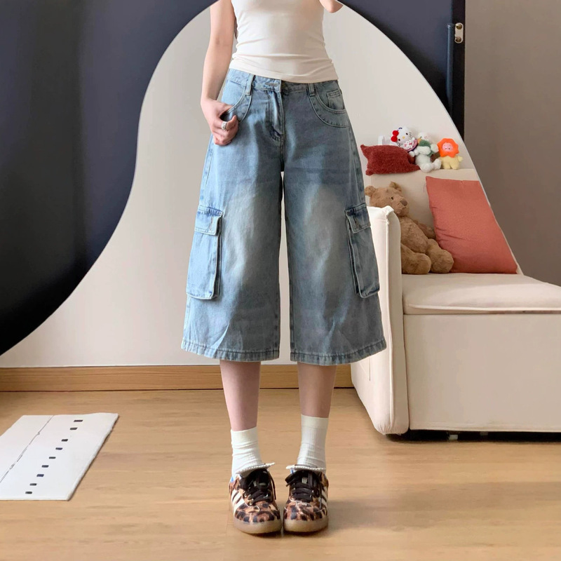 American Retro High-Waisted Cropped Pants, High Street Wide-Leg Pants, New Summer Style Versatile Straight Loose Casual Jeans for Women
