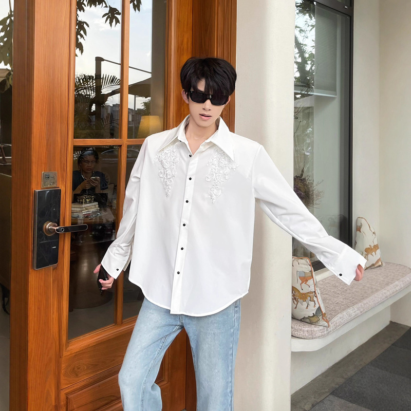 Black Long-Sleeved Shirt for Men, Niche Three-Dimensional Sequin Embroidery Design, Light Luxury Shoulder Pad Shirt, Trendy Top