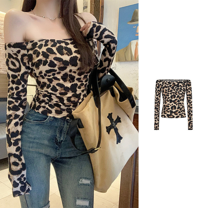 Craftsmanship Cross-Border American Style Leopard Print Off-Shoulder Long Sleeve T-Shirt for Women 2025 Early Autumn New Foreign Trade European and American Trendy Top