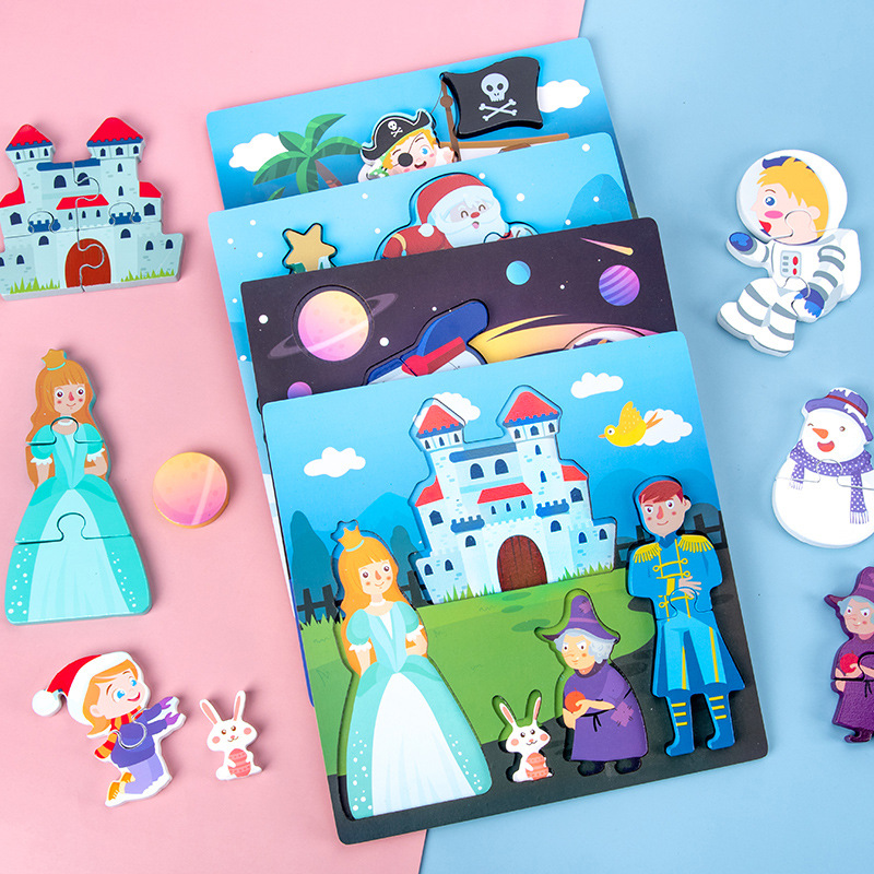 Hebilla tridimensional 3D Princesa Príncipe tema rompecabezas educación temprana de los niños rompecabezas de madera de juguete al por mayor 61 regalo