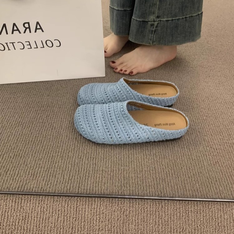 Media pantuflas de puntera transpirable hueca tejida a mano de nicho francés para mujer con zapatos muller de suela gruesa de estilo romano