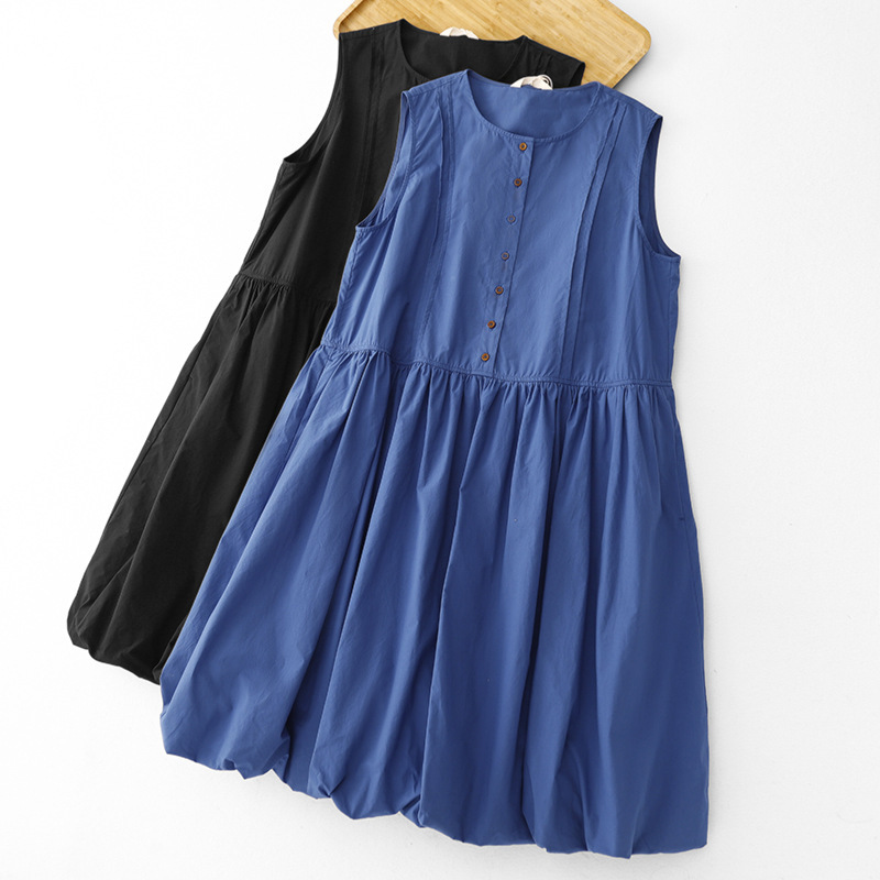 Real Shot of a Blue Sleeveless Dress for Women, Summer Japanese-Style Casual Loose Thin Mid-Length Lantern Dress Real Shot of a Blue Sleeveless Dress for Women, Summer Japanese-Style Casual Loose Thin Mid-Length Lantern Dress