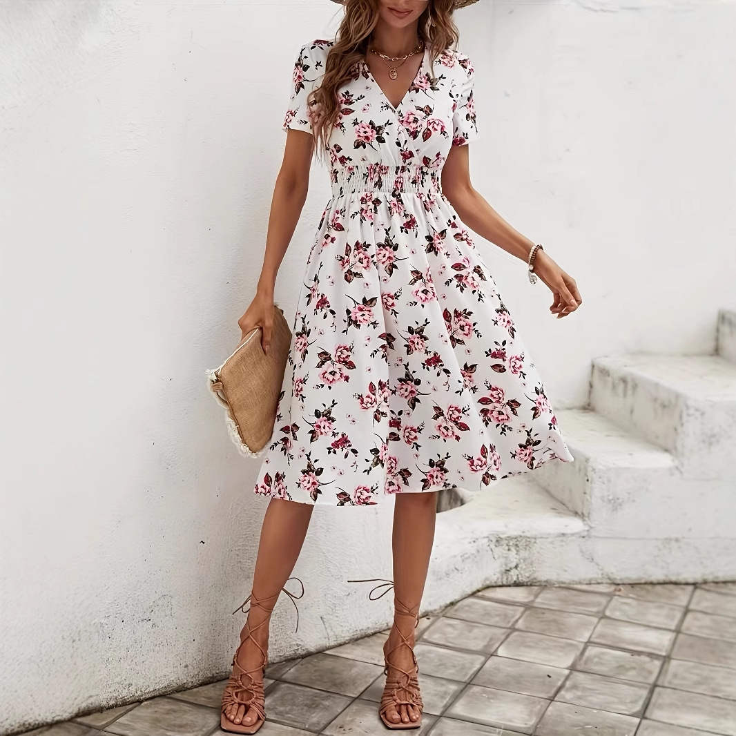 Cross-Border Export Factory Independent Station European and American 2025 New Short-Sleeved Cross Collar Dress Elastic Waist Printed Skirt