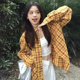 港味复古黄色格子衬衫女内搭叠穿宽松休闲百搭防晒衬衣外套批发