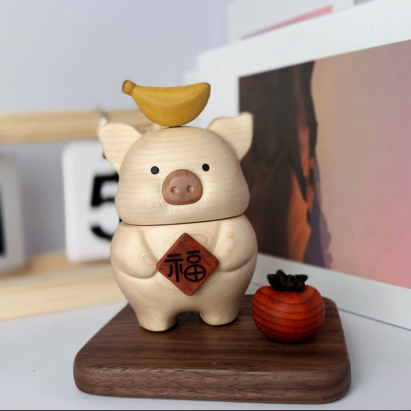 無垢材の豚柿、すべてがうまくいきます、デスクトップ装飾品、磁気柿つまようじ箱、かわいいクルミ装飾品|undefined
