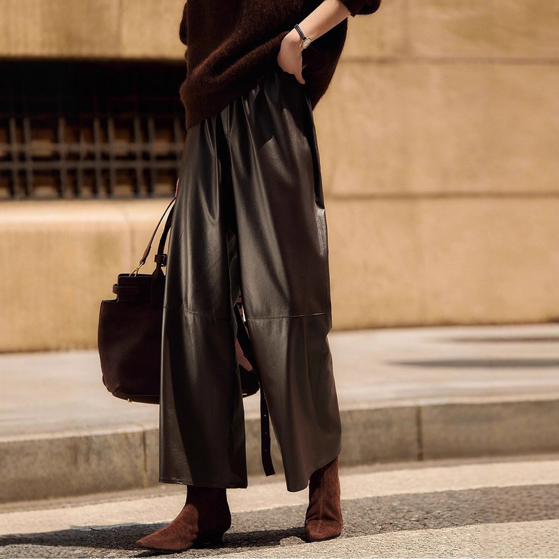 Ceiling Leather Pants! Full Vegetable-Tanned Imported Sheepskin Elastic High-Waisted Loose Wide-Leg Genuine Leather Cropped Pants New Boot Pants
