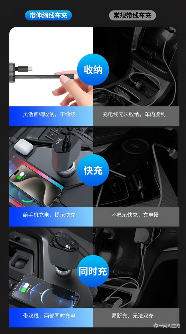 120W Super Fast Charging Car Phone Charger with Retractable Cable, Aluminum Alloy, Digital Display, Universal Car Accessory