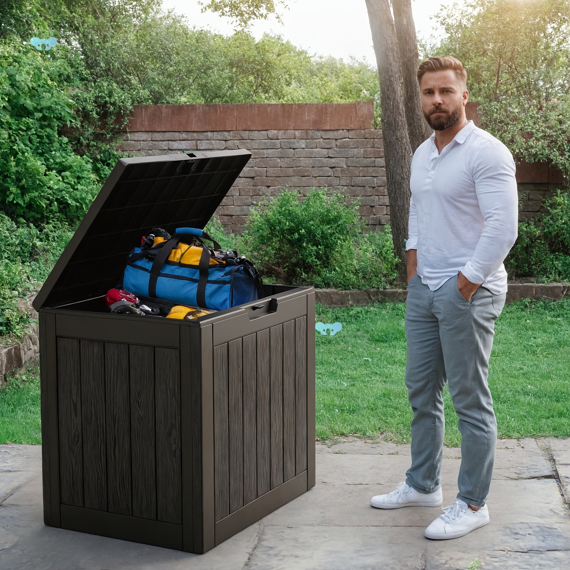 35 Gallon Deck Box Outdoor Storage Box Waterproof Resin Transfronterizo