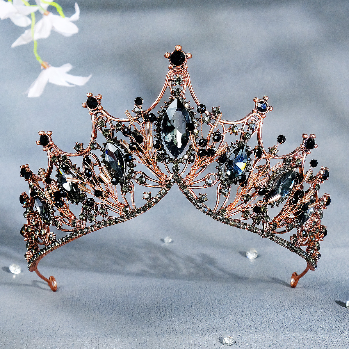 Foreign Trade Bridal Crown Crystal Beaded Headdress Birthday Wedding Handmade Jewelry Alloy Diamond Black Crown