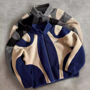 European and American New Style Warm Contrasting Color Men's and Women's Polar Fleece Stand-Up Collar Cardigan Letter Embroidery Casual Autumn and Winter Loose Cross-Border