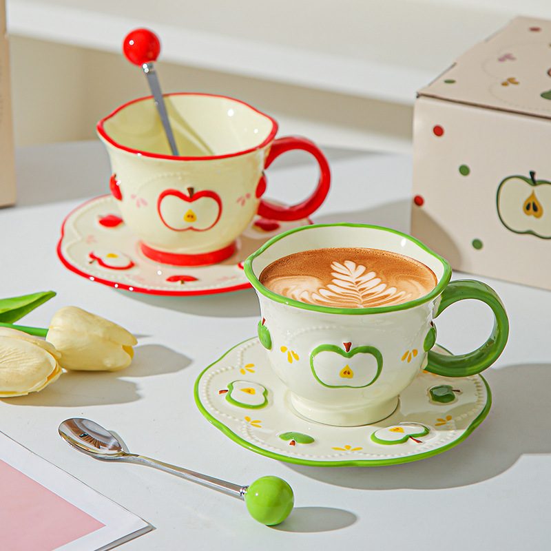 Tazas de café de cerámica de manzana, plato, taza de marca, diseño de relieve pintado a mano original, taza de agua, taza de leche de desayuno