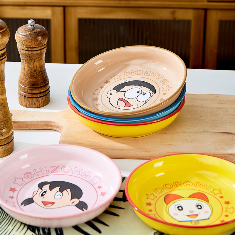 도라에몽 정품 블루 지방 아침 식사 접시 식기 빵 접시 딤팟 라운드 접시 가정용 세라믹 만화