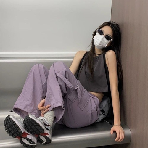 American-style parachute work pants for women, summer Hong Kong style loose drawstring wide-leg bootcut pants #2133